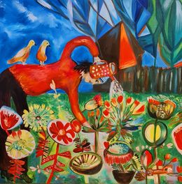 Painting, My birds and the blooming garden, Lilya Volskaya