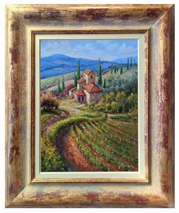 Peinture, Down the vineyard - Tuscany landscape painting & frame, Domenico Ronca