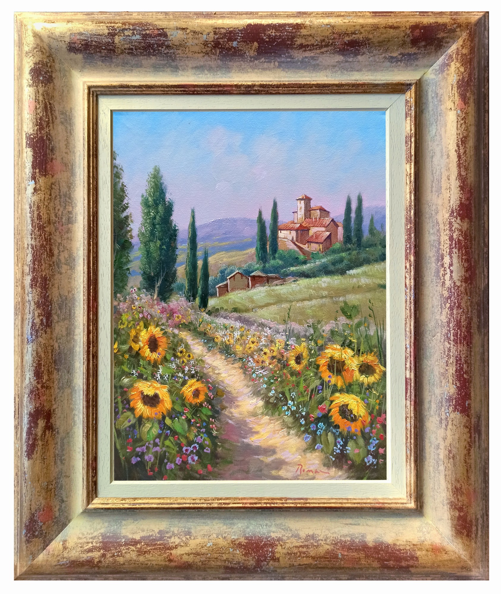 Domenico Ronca, The flowery path - Tuscany landscape painting & frame Domenico Ronca, The flowery path - Tuscany landscape painting & frame