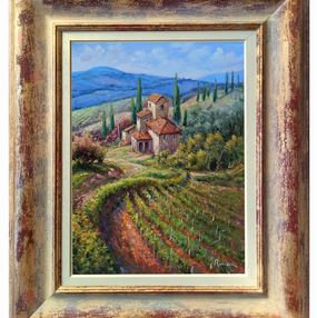 Painting, Down the vineyard - Tuscany landscape painting & frame, Domenico Ronca