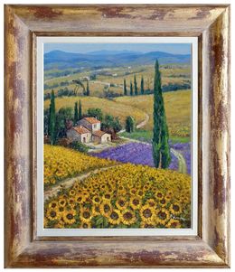 Peinture, The flowey path - Tuscany landscape painting & frame, Domenico Ronca