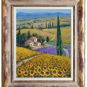 Peinture, The flowey path - Tuscany landscape painting & frame, Domenico Ronca