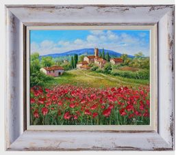 Gemälde, Village with red poppies - Tuscany landscape painting & frame, Domenico Ronca