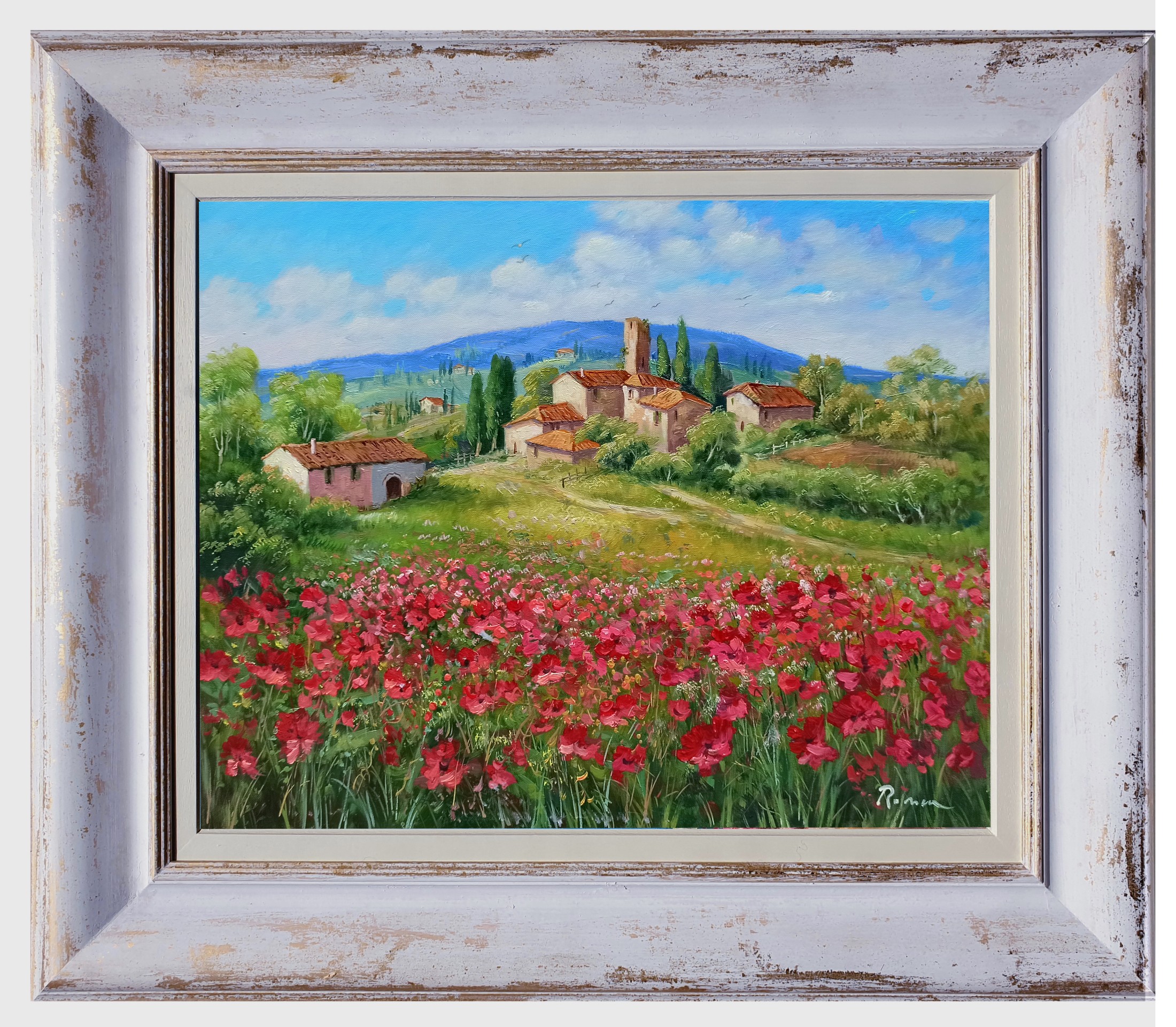 Domenico Ronca, Village with red poppies - Tuscany landscape painting & frame Domenico Ronca, Village with red poppies - Tuscany landscape painting & frame