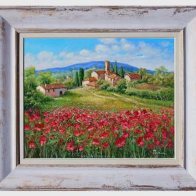 Pintura, Village with red poppies - Tuscany landscape painting & frame, Domenico Ronca