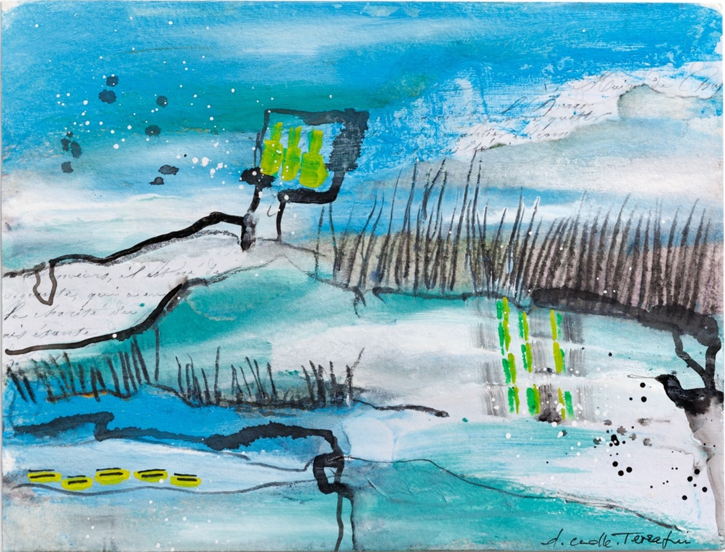 Denise Crolle-Terzaghi, L'étang Colin - 1 - Paysage abstrait, oeuvre mixte media, peinture et collage Denise Crolle-Terzaghi, L'étang Colin - 1 - Paysage abstrait, oeuvre mixte media, peinture et collage