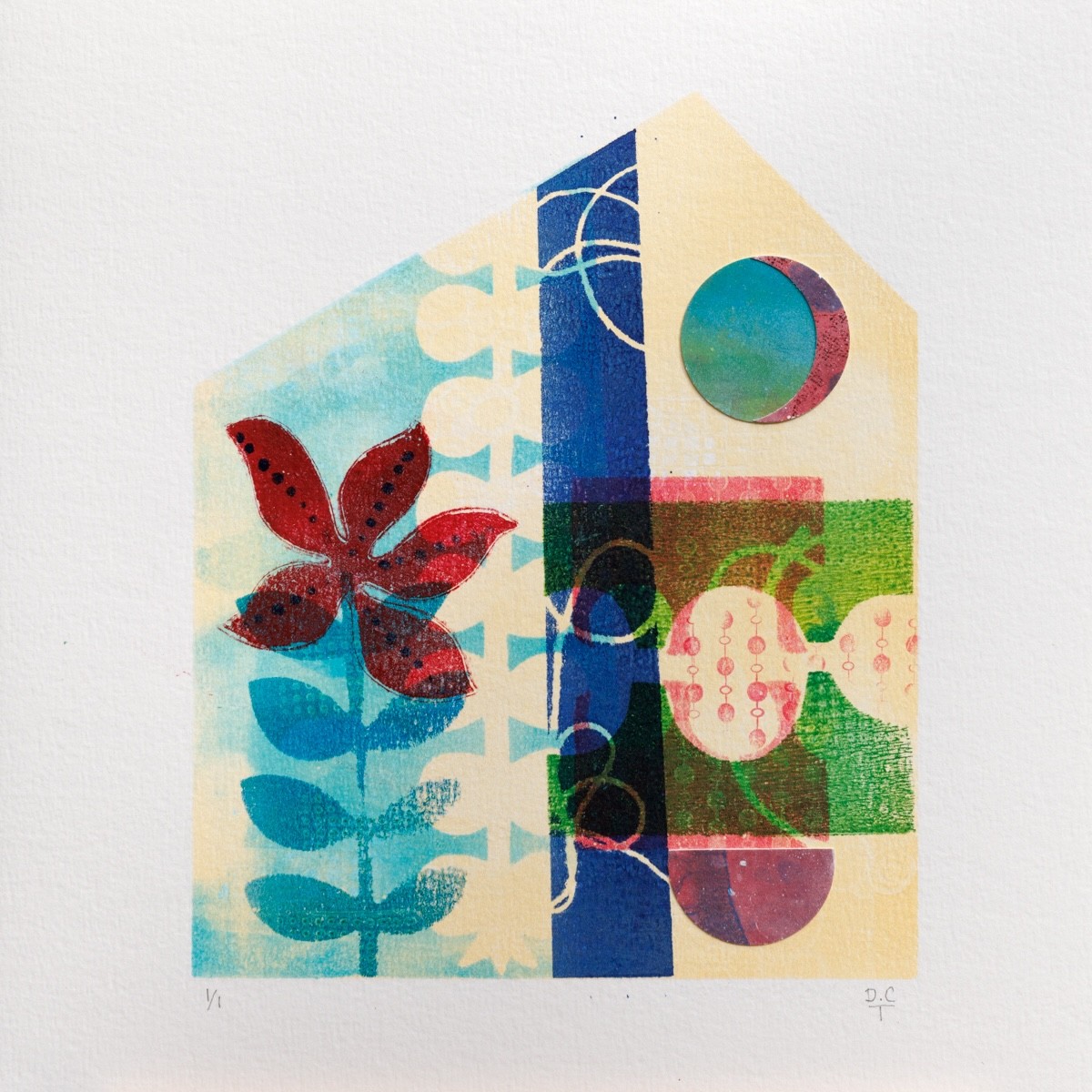 Denise Crolle-Terzaghi, La maison du bohneur - Monotype et collage, figuratif Denise Crolle-Terzaghi, La maison du bohneur - Monotype et collage, figuratif