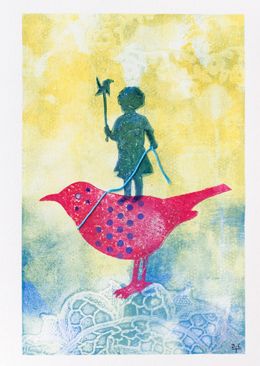 Peinture, La petite reine des oiseaux - Monotype, figuratif et collage, Denise Crolle-Terzaghi