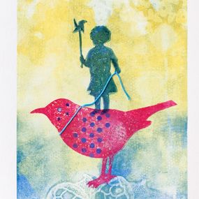 Peinture, La petite reine des oiseaux - Monotype, figuratif et collage, Denise Crolle-Terzaghi