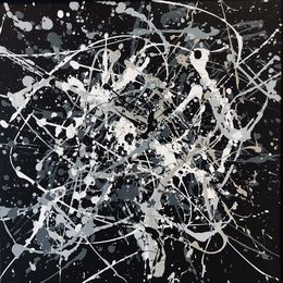 Peinture, From the series Infinite Flight 20 - monochrome gray, silber, white, black minimalism abstraction, expressionism dropping inspired by Jackson Pollock, Nataliia Krykun