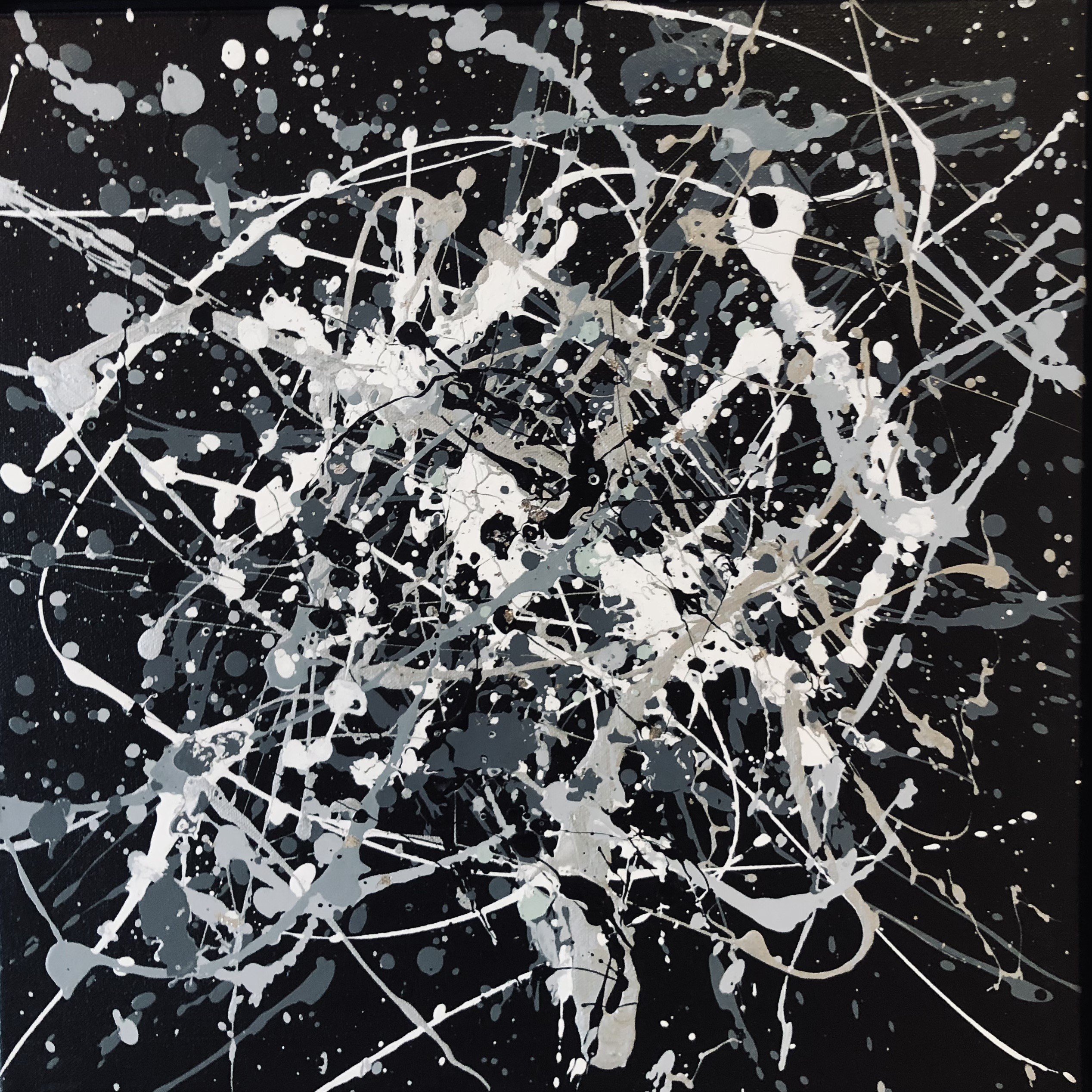 Nataliia Krykun, From the series Infinite Flight 20 - monochrome gray, silber, white, black minimalism abstraction, expressionism dropping inspired by Jackson Pollock Nataliia Krykun, From the series Infinite Flight 20 - monochrome gray, silber, white, black minimalism abstraction, expressionism dropping inspired by Jackson Pollock
