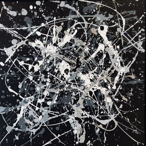 Pintura, From the series Infinite Flight 20 - monochrome gray, silber, white, black minimalism abstraction, expressionism dropping inspired by Jackson Pollock, Nataliia Krykun