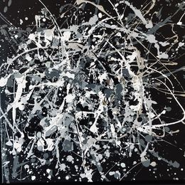 Pintura, From the series Infinite Flight 19 - monochrome gray, silber, white, black minimalism abstraction, expressionism dropping inspired by Jackson Pollock, Nataliia Krykun