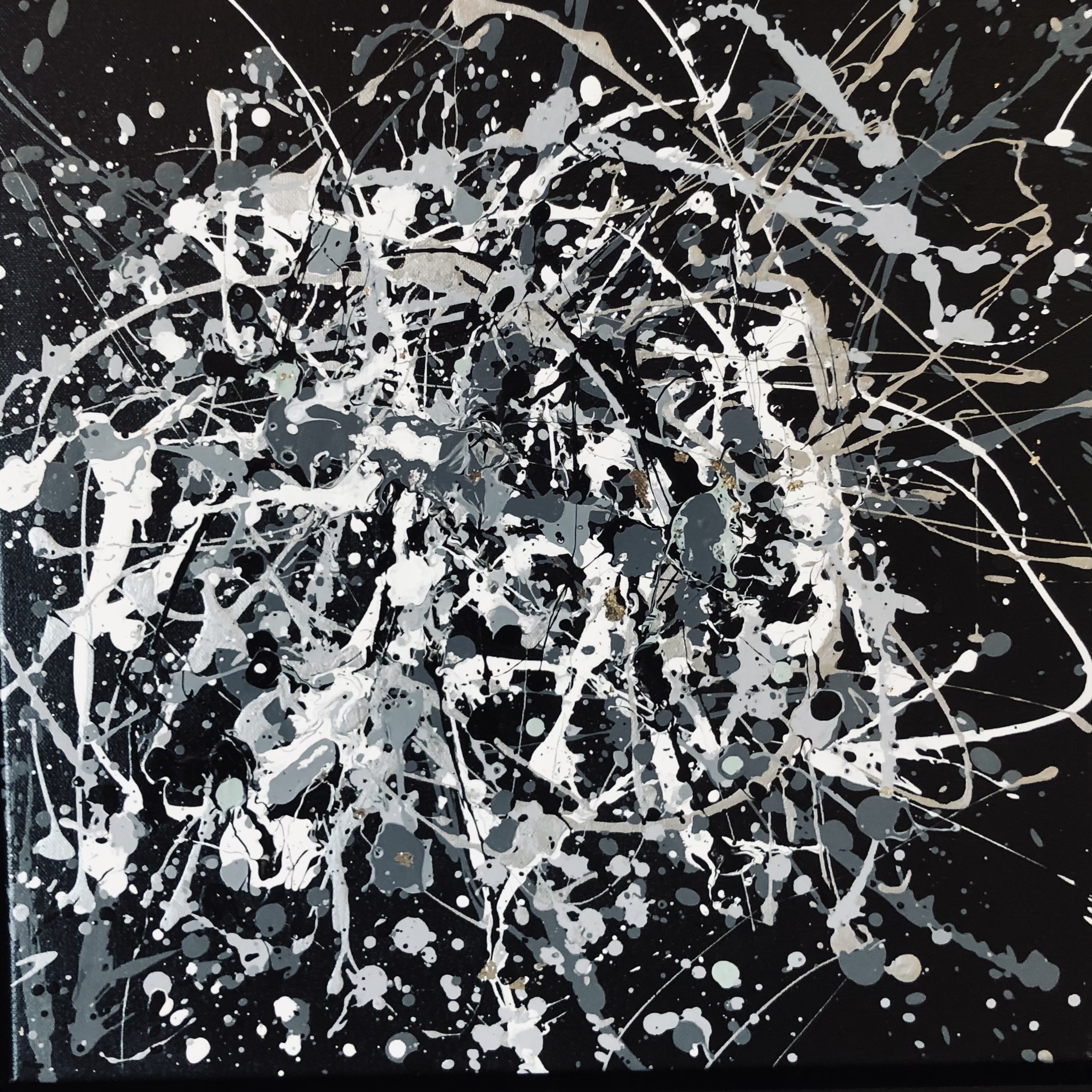 Nataliia Krykun, From the series Infinite Flight 19 - monochrome gray, silber, white, black minimalism abstraction, expressionism dropping inspired by Jackson Pollock Nataliia Krykun, From the series Infinite Flight 19 - monochrome gray, silber, white, black minimalism abstraction, expressionism dropping inspired by Jackson Pollock