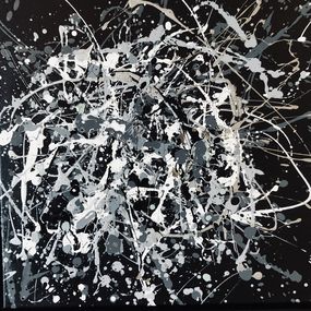 Gemälde, From the series Infinite Flight 19 - monochrome gray, silber, white, black minimalism abstraction, expressionism dropping inspired by Jackson Pollock, Nataliia Krykun