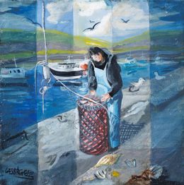 Peinture, Retour de Pêche au Conquet 29 - Scène de vie maritime, Josette Georgel