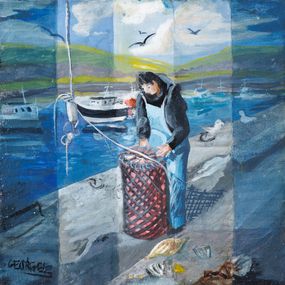 Painting, Retour de Pêche au Conquet 29 - Scène de vie maritime, Josette Georgel