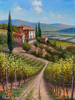 Painting, The hill of vineyard - Tuscany landscape painting, Raimondo Pacini