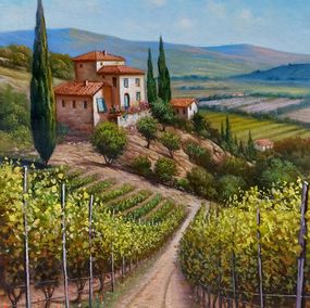 Painting, The hill of vineyard - Tuscany landscape painting, Raimondo Pacini