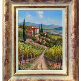 Pintura, The hill of vineyard - Tuscany landscape & frame, Raimondo Pacini