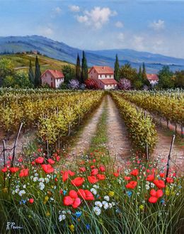 Peinture, Field of flowers under vineyard - Tuscany landscape Italy, Raimondo Pacini