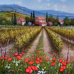 Peinture, Field of flowers under vineyard - Tuscany landscape Italy, Raimondo Pacini