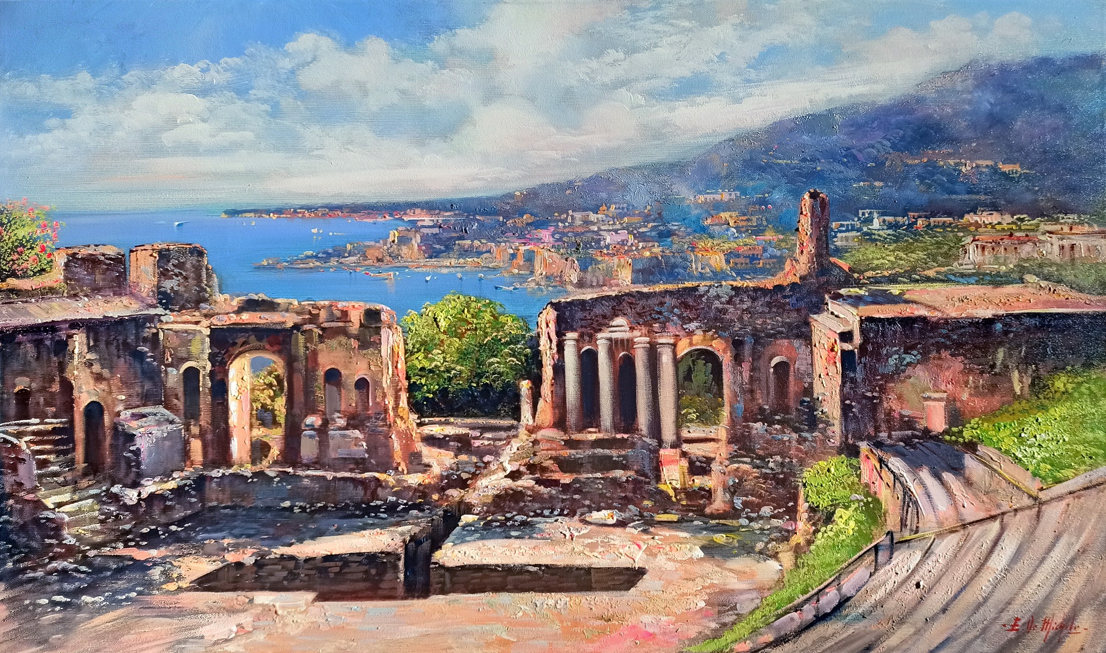 Ernesto De Michele, Taormina Sicily panorama - Italy painting Ernesto De Michele, Taormina Sicily panorama - Italy painting