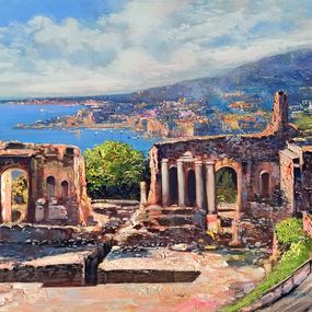 Painting, Taormina Sicily panorama - Italy painting, Ernesto De Michele