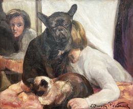 Peinture, Jeune fille et son chien, Louise D'Aussy Pintaud