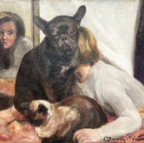 Peinture, Jeune fille et son chien, Louise D'Aussy Pintaud