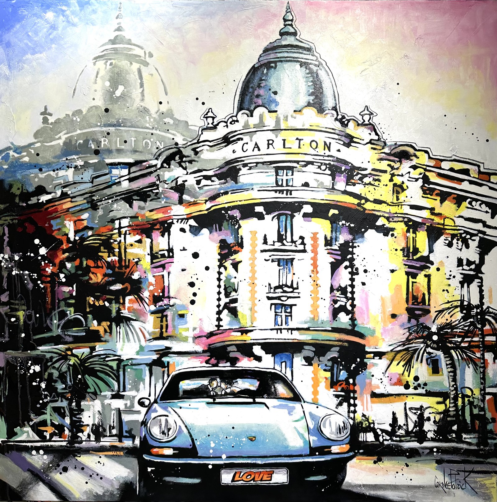 Patrick Cornée, Two lovers in a Porsche 911, in front of the Carton hotel in Cannes Patrick Cornée, Two lovers in a Porsche 911, in front of the Carton hotel in Cannes