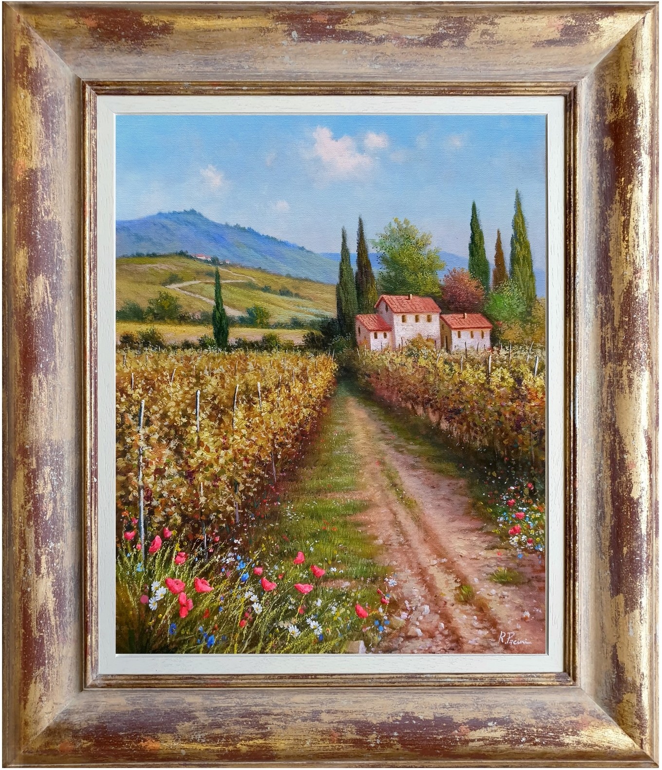 Raimondo Pacini, Autumn colours in the vineyard - Tuscany landscape painting & frame Raimondo Pacini, Autumn colours in the vineyard - Tuscany landscape painting & frame