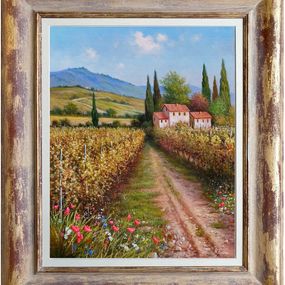 Painting, Autumn colours in the vineyard - Tuscany landscape painting & frame, Raimondo Pacini