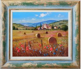 Pintura, Summer relaxing countryside - Tuscany landscape painting & frame, Raimondo Pacini