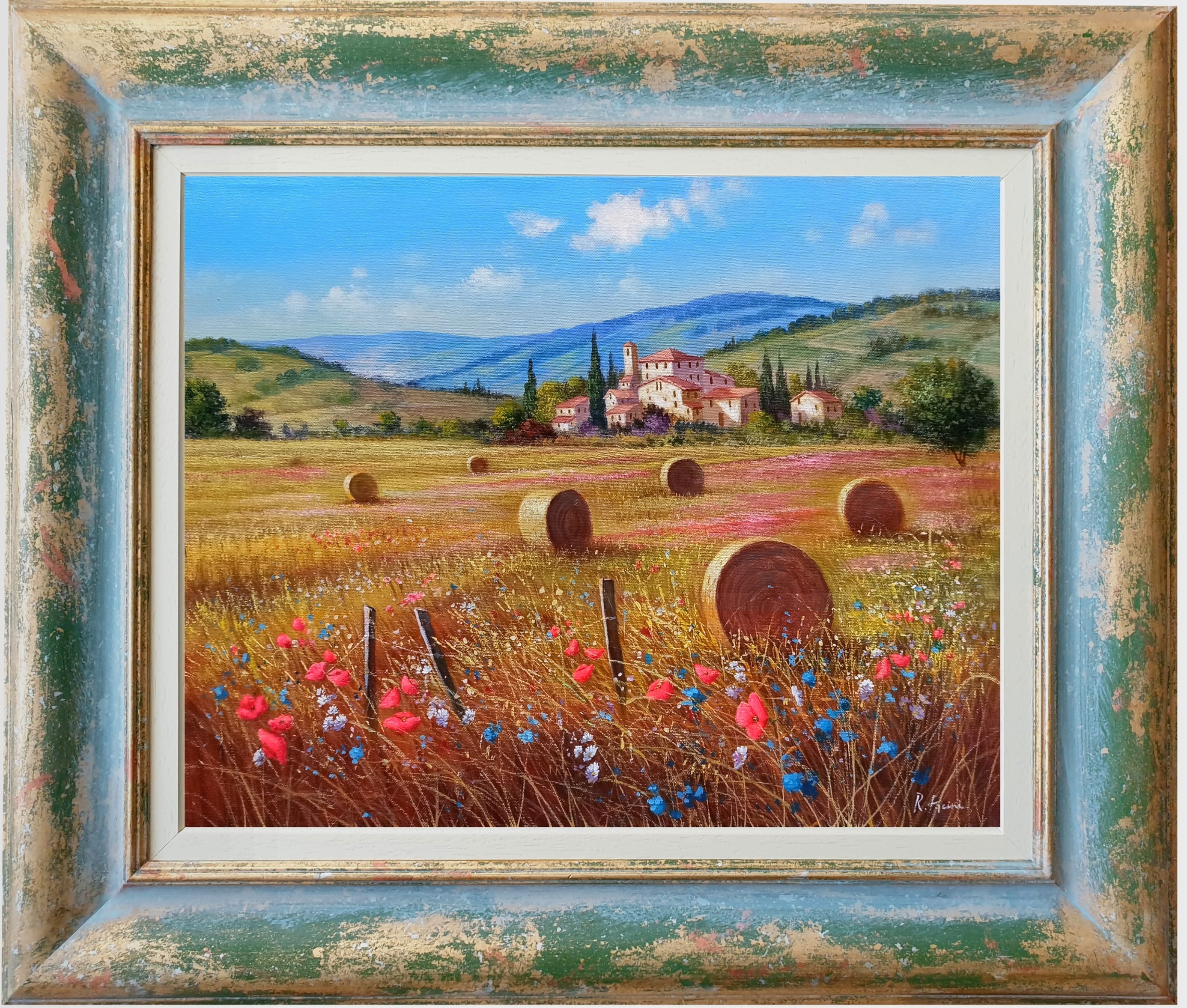 Raimondo Pacini, Summer relaxing countryside - Tuscany landscape painting & frame Raimondo Pacini, Summer relaxing countryside - Tuscany landscape painting & frame