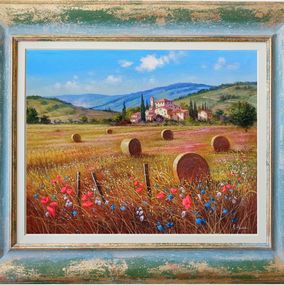 Painting, Summer relaxing countryside - Tuscany landscape painting & frame, Raimondo Pacini