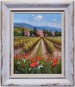 Gemälde, Field of flowers under vineyard - Tuscany landscape Italy & frame, Raimondo Pacini