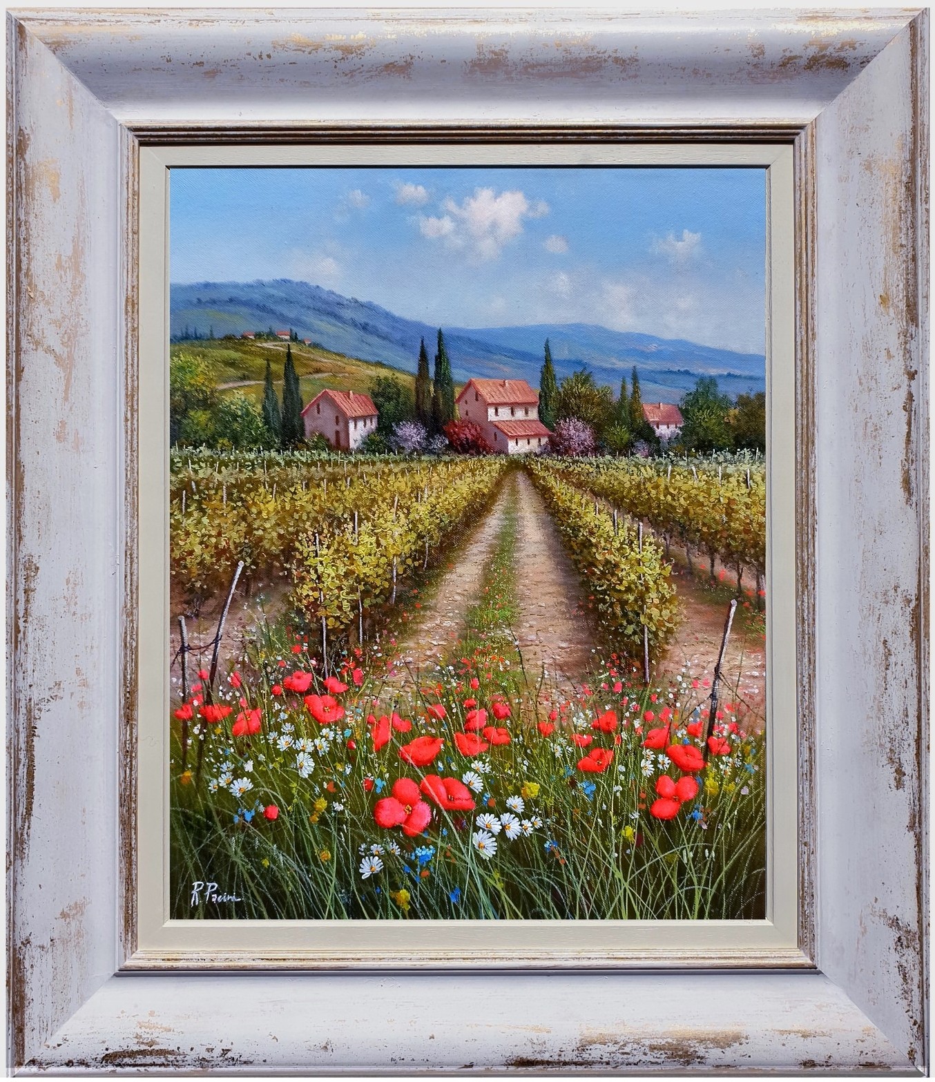 Raimondo Pacini, Field of flowers under vineyard - Tuscany landscape Italy & frame Raimondo Pacini, Field of flowers under vineyard - Tuscany landscape Italy & frame