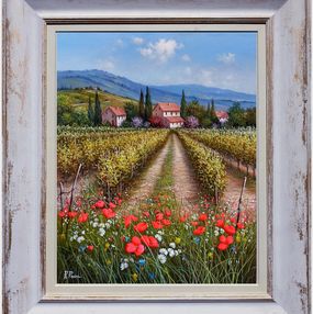 Painting, Field of flowers under vineyard - Tuscany landscape Italy & frame, Raimondo Pacini