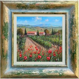 Painting, Flowering in the vineyard - Tuscany landscape painting & frame, Raimondo Pacini