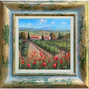 Painting, Flowering in the vineyard - Tuscany landscape painting & frame, Raimondo Pacini