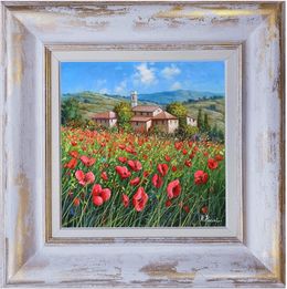 Peinture, Red wildflowers - Tuscany landscape painting & frame, Raimondo Pacini