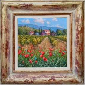 Painting, Flowering in the vineyard n°2 - Tuscany landscape painting & frame, Raimondo Pacini