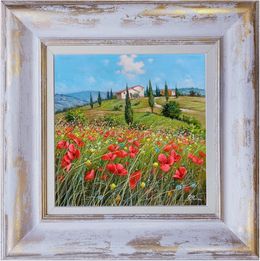 Pintura, Sweet hill and flowers field - Tuscany landscape painting & frame, Raimondo Pacini