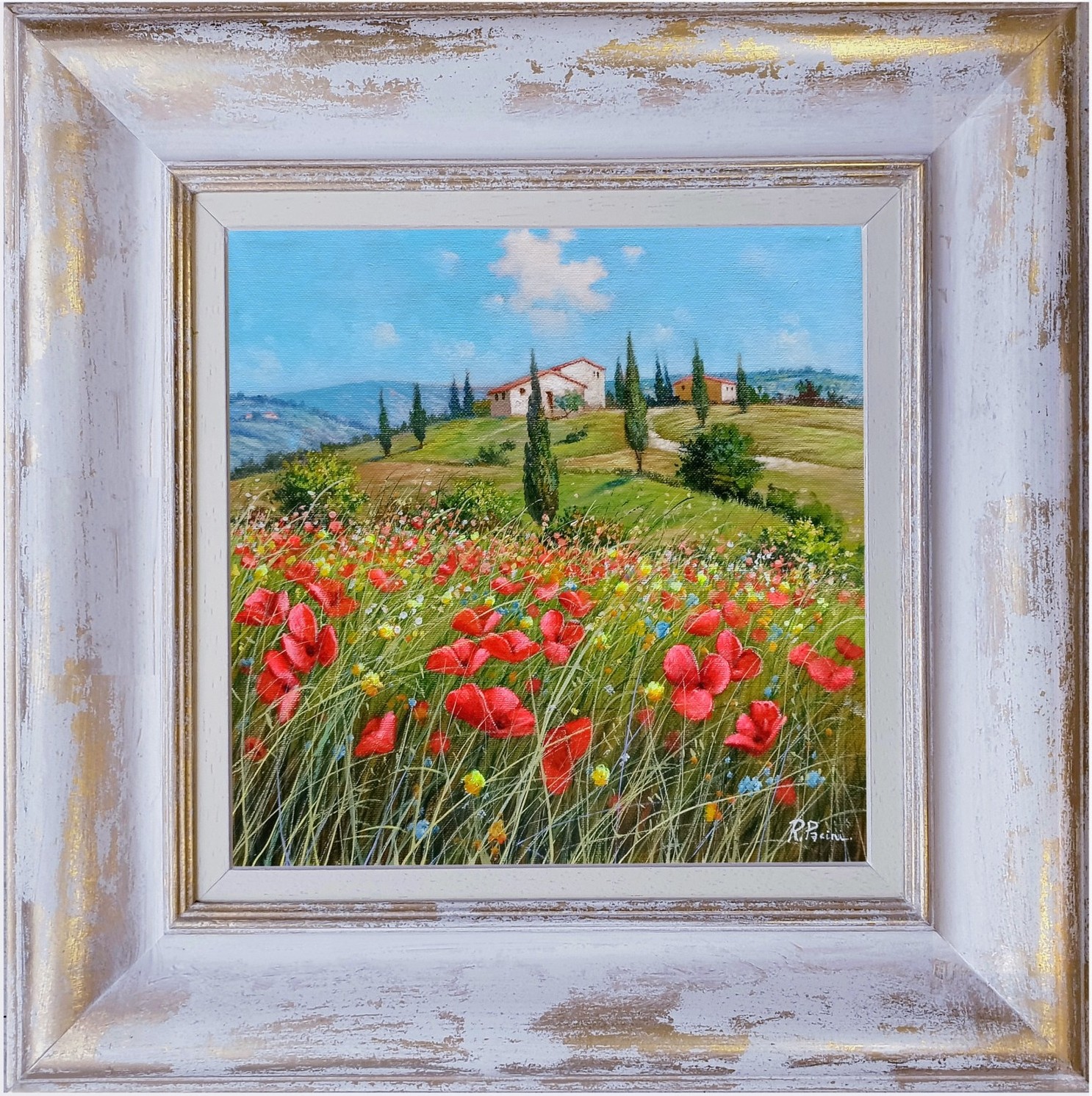 Raimondo Pacini, Sweet hill and flowers field - Tuscany landscape painting & frame Raimondo Pacini, Sweet hill and flowers field - Tuscany landscape painting & frame