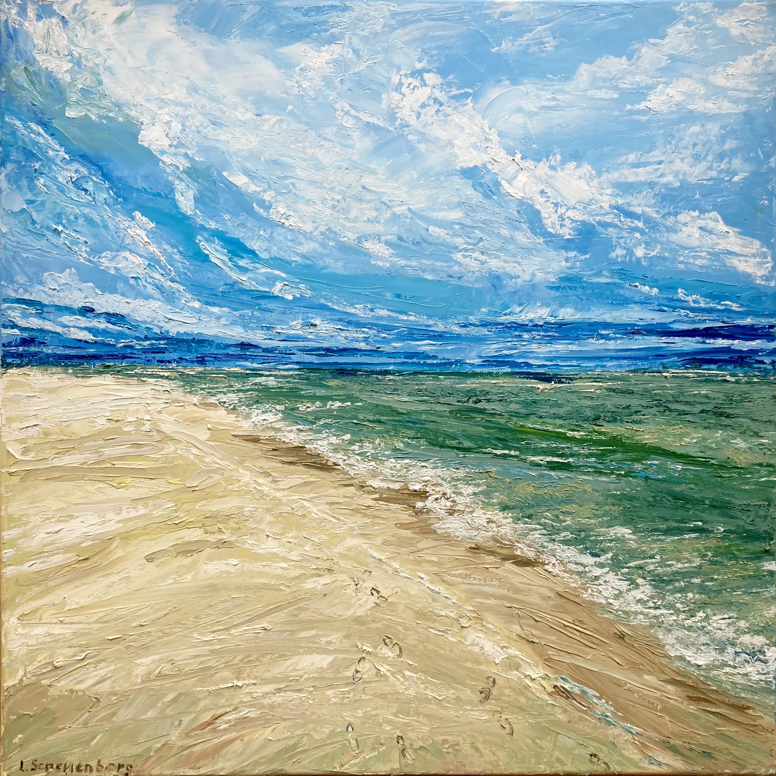 Lusie Schellenberg, Footprints in the sand. Original painting Lusie Schellenberg, Footprints in the sand. Original painting