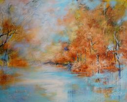 Peinture, Calm Reflections: Autumn's Palette - contemporary impressionistic painting, Vera Hoi