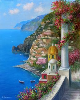 Painting, Positano and sea view - Italian coast painting, Eva Romano