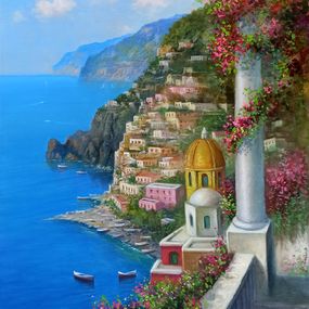 Painting, Positano and sea view - Italian coast painting, Eva Romano