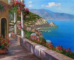 Painting, The way to Amalfi -  Italian coast painting, Eva Romano